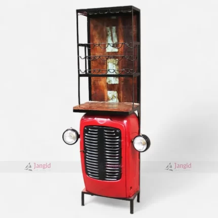 Vintage red tractor transformed into a stylish bar cabinet with shelves, ideal for displaying wine bottles.