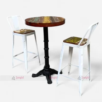 Vintage Farmhouse Design Industrial Bar Round Table and Two Chair Set Perfect for Bar Sitting.