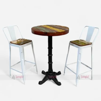 Metal industrial bar sitting furniture set with wooden top table and iron leg and two chairs.