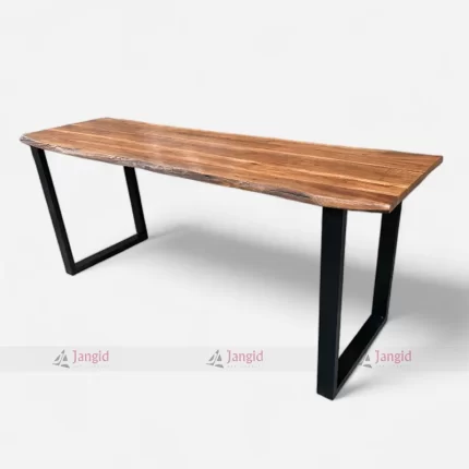 An elegant bar table showcasing a black metal base and a live edge acacia wood top, perfect for heavy-duty use.