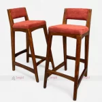 Two Wooden bar stool with red upholstered seat
