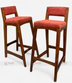 Two Wooden bar stool with red upholstered seat
