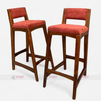 Two Wooden bar stool with red upholstered seat