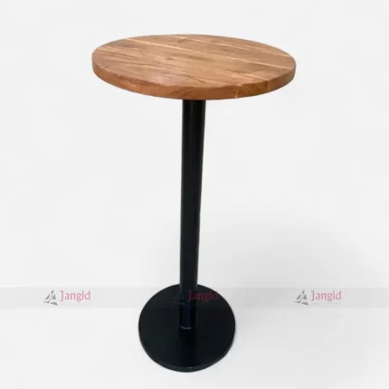 Iron and wooden pub bar standing table, crafted in India, with a round tabletop and sleek black metal base