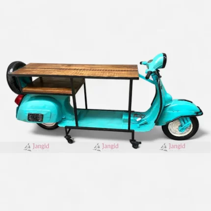 Retro blue scooter transformed into a wooden table, vintage industrial furniture piece