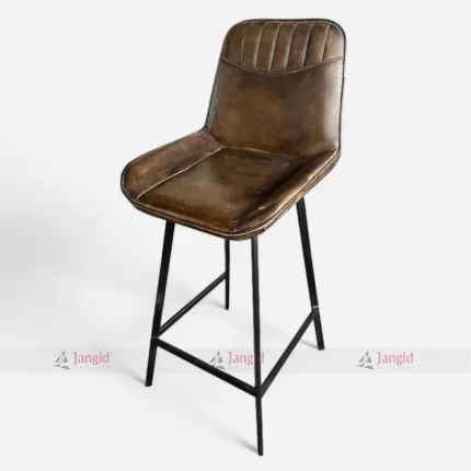 Brown Buff Leather Upholstery Bar Chair With Iron Legs