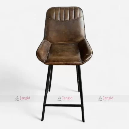 Front View of Buff Leather Upholstery Bar Chair With Iron Legs