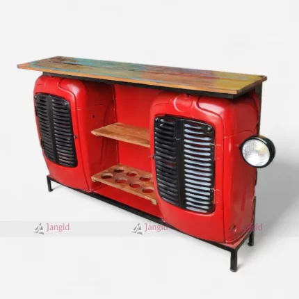 Unique red industrial tractor bar table counter featuring working headlights and ample cabinet storage, perfect for bars and cafes with a vintage flair.