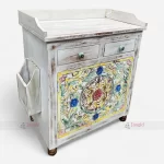 White Distressed Wooden Restaurant Service Table with Menu Card Holder, Two Drawers, and Doors with Floral Hand Paint Design On it.