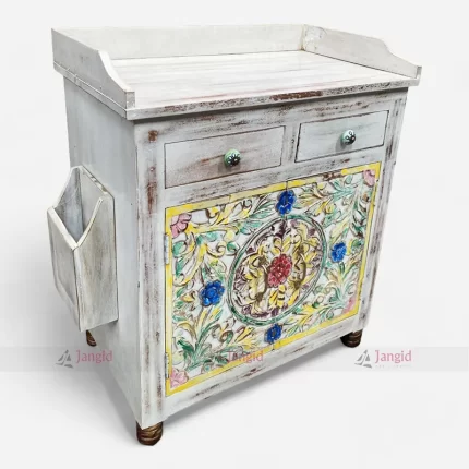White Distressed Wooden Restaurant Service Table with Menu Card Holder, Two Drawers, and Doors with Floral Hand Paint Design On it.