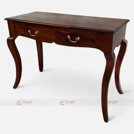 Wooden desk with two drawers and elegant curved legs, ideal for a stylish writing space in a resort rooms setting.