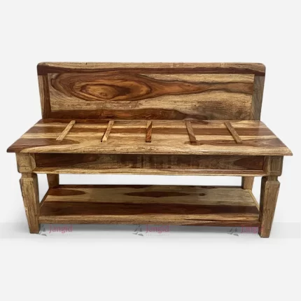 Hotel guest room wooden luggage rack with built-in luggage shelf crafted by hotel furniture manufacturer & supplier in India.