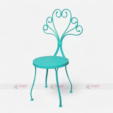 Heart-shaped seat on a wrought iron chair in multicolor , ideal for industrial-style outdoor gardens.