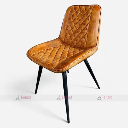 Industrial-style brown leather chair with a black metal frame, perfect for dining in cafes and restaurants.