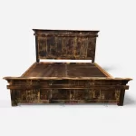 Rustic Burnt Antique Wood Hotel Double Bed by Hotel Room Bed Manufacturer in Jodhpur, India.