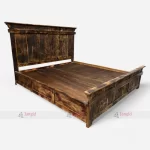 Rustic Burnt Antique Wood Hotel Double Bed by Hotel Room Bed Wholesaler in Jodhpur, India.