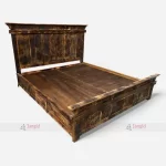 Rustic Burnt Antique Wood Hotel Double Bed by Hotel Room Bed Maker in Jodhpur, India.