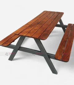 A warm honey-colored wooden picnic table accompanied by two benches, perfect for patios and gardens, seating 4-6 adults comfortably.