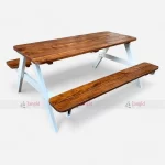 High Quality White Color Iron & Wood Picnic Outdoor Garden Bench Table Furniture at Wholesale Price from Restaurant Outdoor Furniture Manufacturer & Supplier in Jodhpur, India.