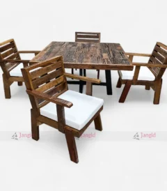Wooden dining table with four chairs set, perfect for outdoor swimming poolside gatherings.