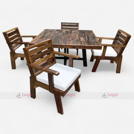 Wooden dining table with four chairs set, perfect for outdoor swimming poolside gatherings.