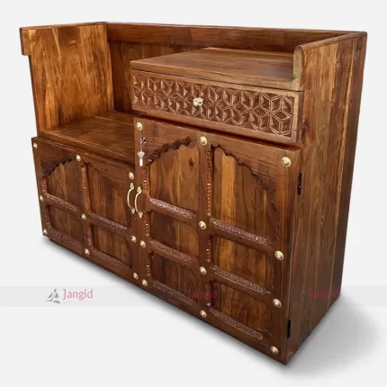 A royal wooden service station with intricate carvings, featuring one drawer and two shelves, ideal for cafes and restaurants.