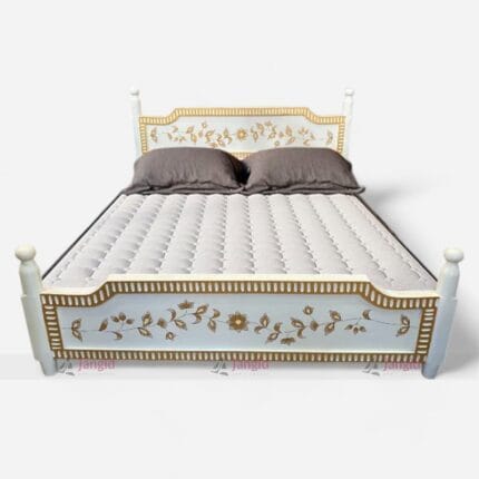 A luxurious bed adorned with hand-painted gold and white floral designs, perfect for boutique hotels rooms and elegant homes