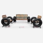 Eco-friendly vintage outdoor sofa set made with recycled materials like recycled wood, iron & old tires on hand rest.