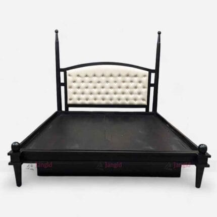 Sheesham Wood Black Color Bedroom Bed with Storage and Rexine Back