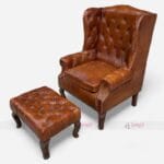 Vintage Leather Wingback High Armchair with Footrest Stool