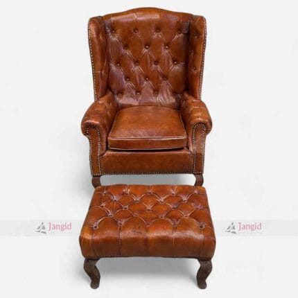 Vintage Leather Wingback High Armchair with Footrest Stool