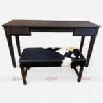 Antique Wood Study Table with Upholstered Cowhide Bench Set