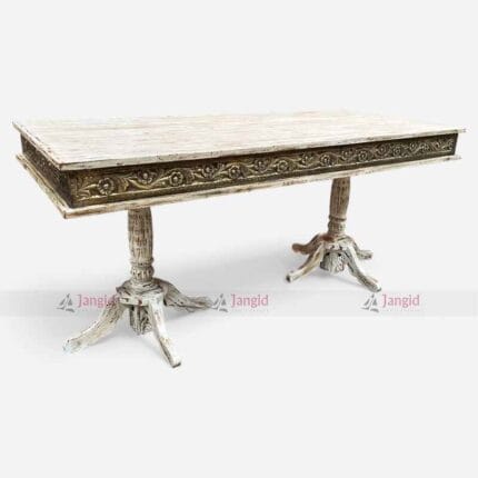 Hand-Carved Wooden Dining Table with Brass Fittings 6 Seater