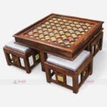 Hand-Carved Wooden Coffee Table Set with Brass and Ceramic Tile Inlay