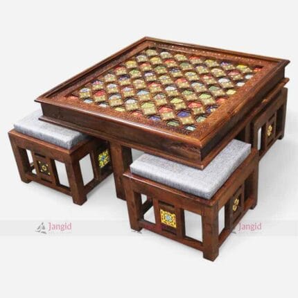 Hand-Carved Wooden Coffee Table Set with Brass and Ceramic Tile Inlay