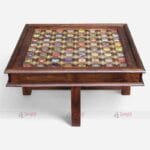Hand-Carved Wooden Coffee Table Set with Brass and Ceramic Tile Inlay