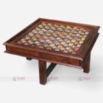 Hand-Carved Wooden Coffee Table Set with Brass and Ceramic Tile Inlay
