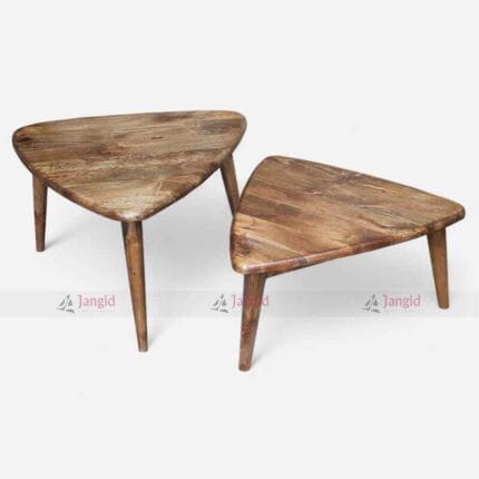 Two modern triangle coffee tables made of solid mango wood, offering a unique design suitable for hotels, cafes, or home decor.