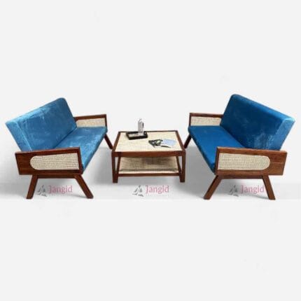 Cane Work Hotel Lobby Wooden Sofa Set with Center Table Furniture