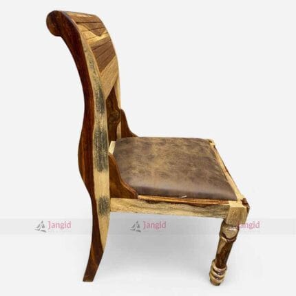 A wooden chair featuring a brown upholstered foam seat, designed for dining in cafes and restaurants, made from Sheesham wood.