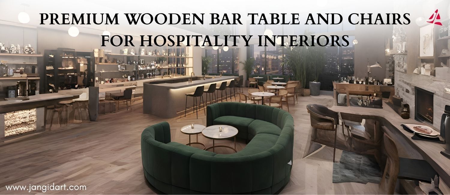 Premium wooden bar table and chairs setup for modern hospitality interiors with stylish seating and warm ambiance