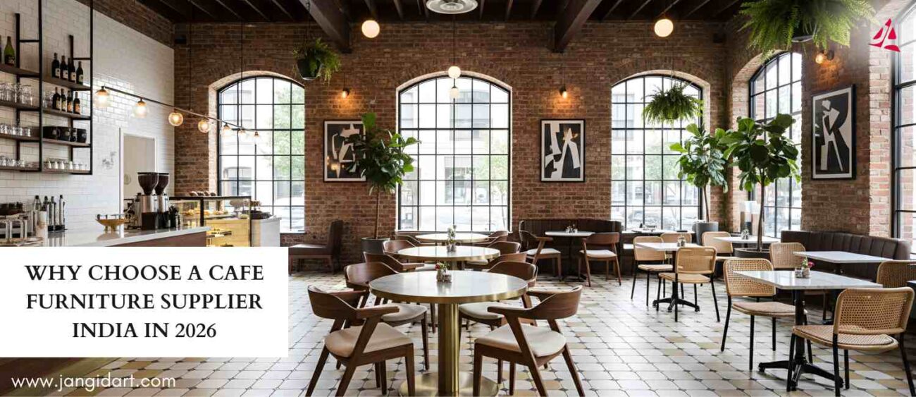 Modern cafe interior with wooden furniture, round tables, large windows, and stylish industrial design