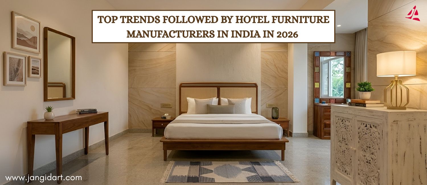 Modern hotel room with stylish wooden furniture and elegant hospitality interiors designed by hotel furniture manufacturers in India.