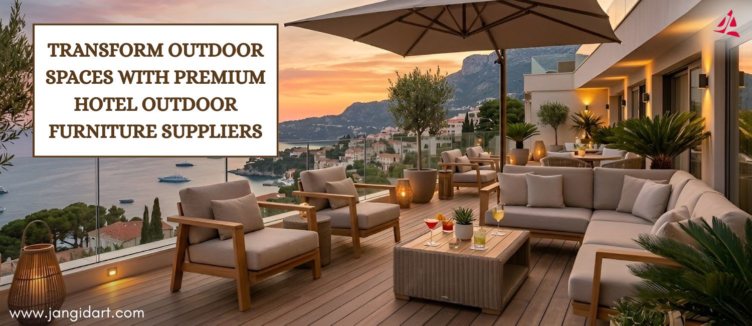 Luxury hotel outdoor furniture setup on a modern terrace with premium sofas, wooden chairs, umbrella seating, and a scenic sunset ocean view.