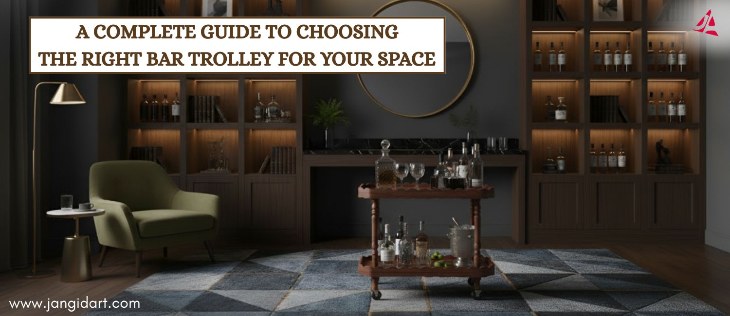 Elegant wooden bar trolley placed in a modern living room with stylish shelves and warm lighting