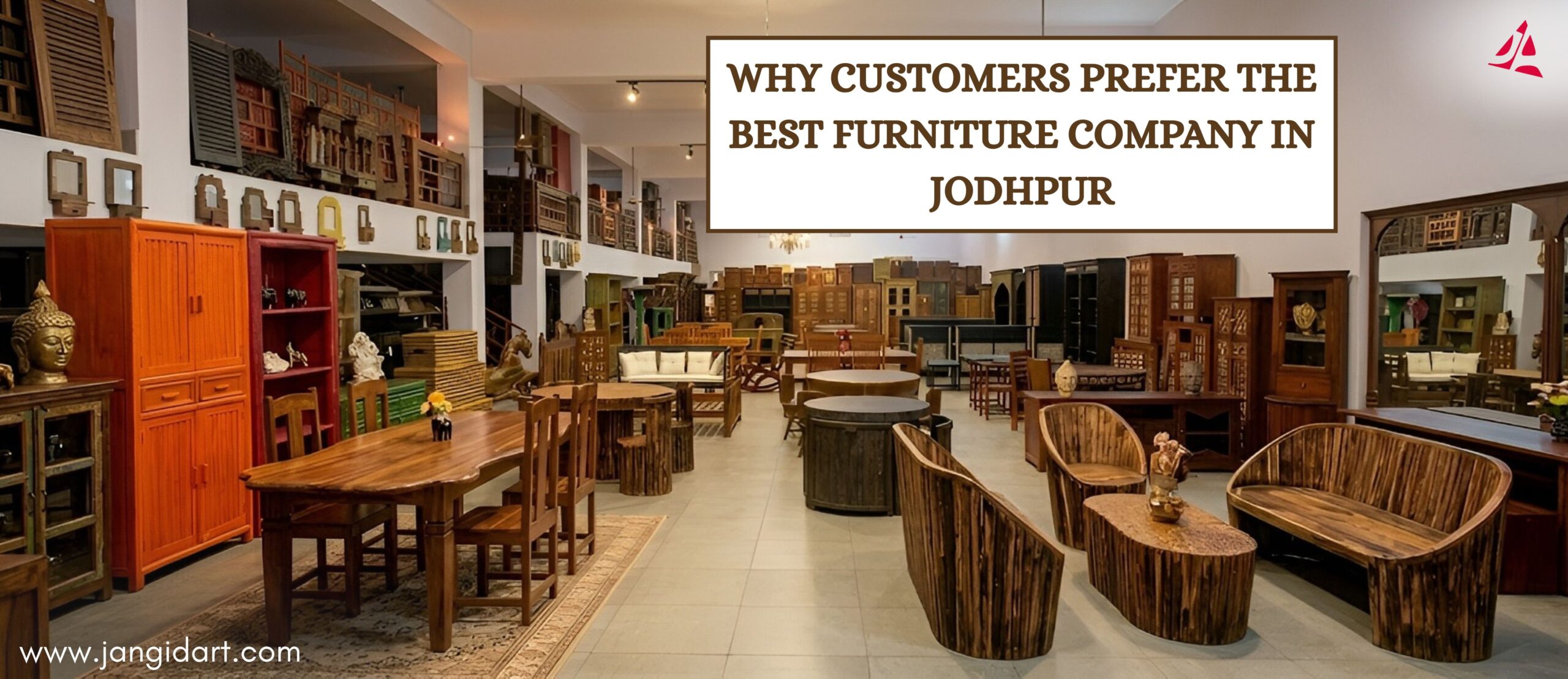Premium wooden furniture showroom by Jangid Art & Crafts, the best furniture company in Jodhpur, featuring handcrafted tables, chairs, cabinets, and home décor.